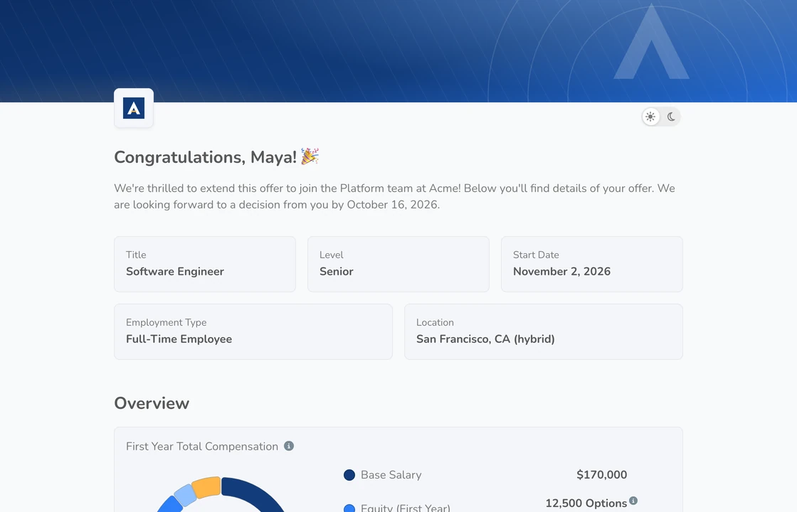 Maya's offer from Acme, a fictional company, as the candidate sees it in Interactive Offers.