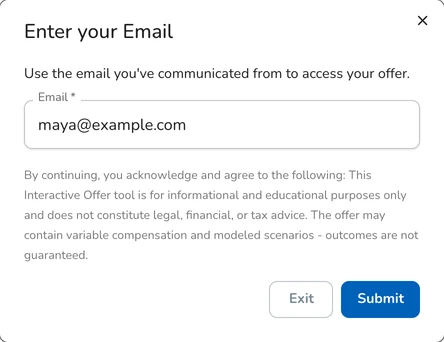The email check: Enter your Email, with a work email filled in, the disclaimer, and Exit and Submit buttons.