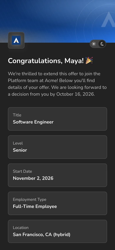 The same offer on a phone, in dark mode.